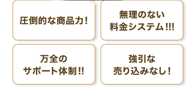 圧倒的な商品力、無理のない料金システム、万全のサポート体制、強引な売り込みなし